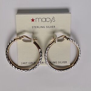 NWT Gorgeous MACY’S Hoop Earrings 24 KT Gold over Sterling Silver